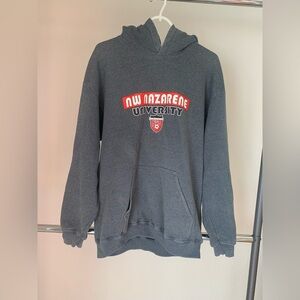 Gildan Gray NW Nazarene University Crewneck Hoodie with Red Logo